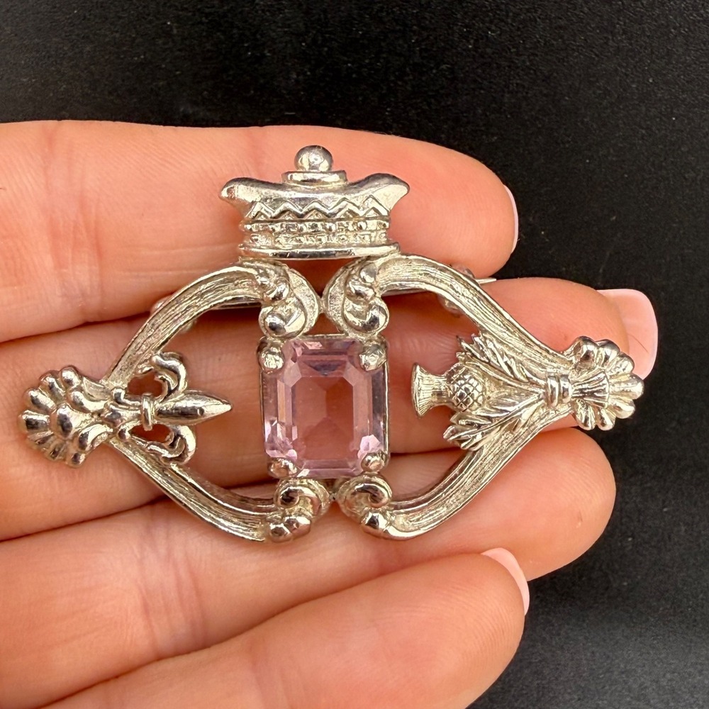 Vintage Scottish Luckenbooth Brooch Rhinestone Thistle Celtic Silver Tone
